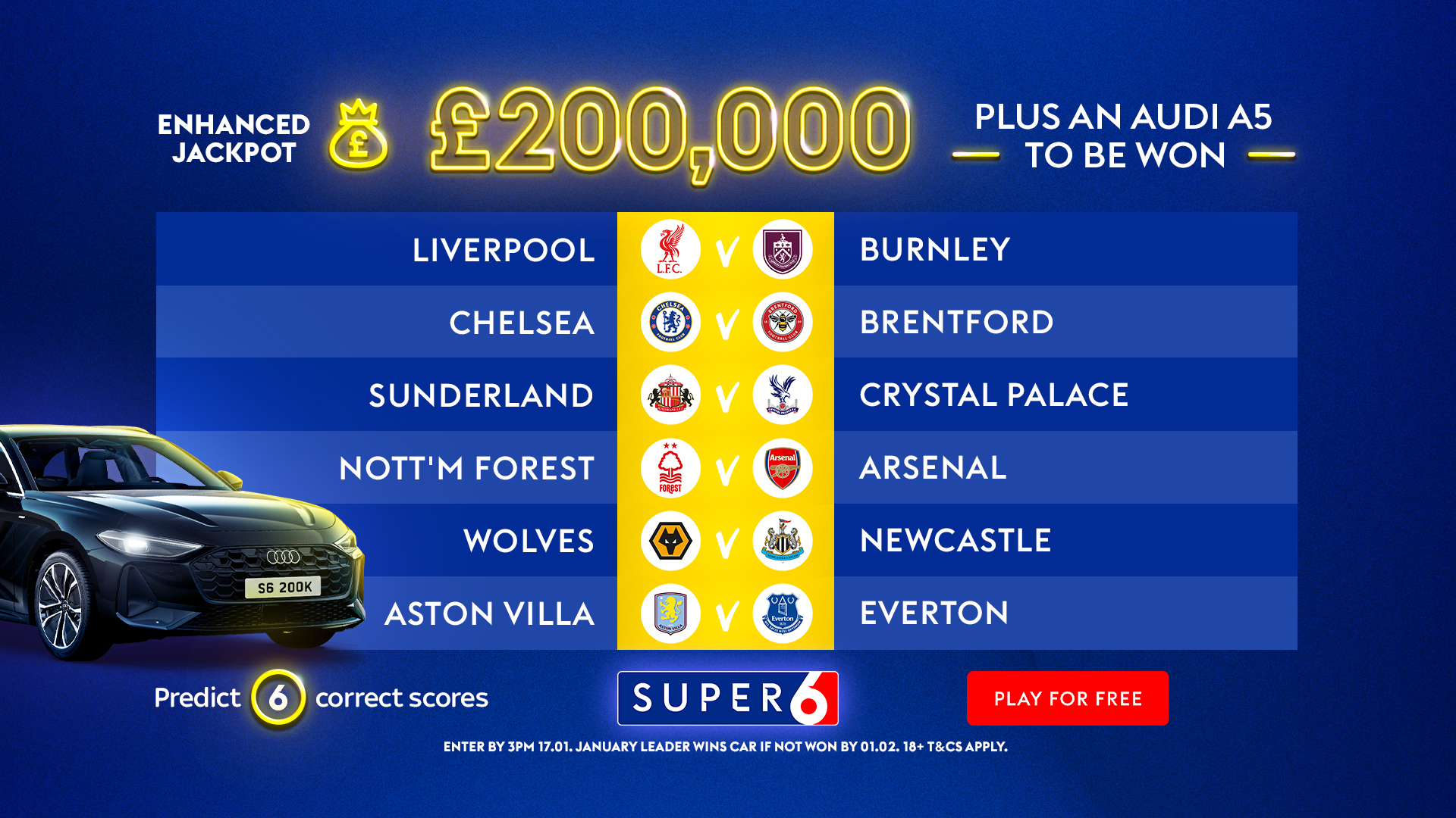 Super 6 大獎和提示：通過 Sky Bet 的免費預測器贏取 20 萬英鎊和奧迪 A5