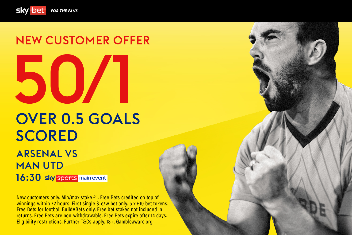 阿森納 v 曼聯 投注優惠：通過 Sky Bet 進球可獲得 50/1
