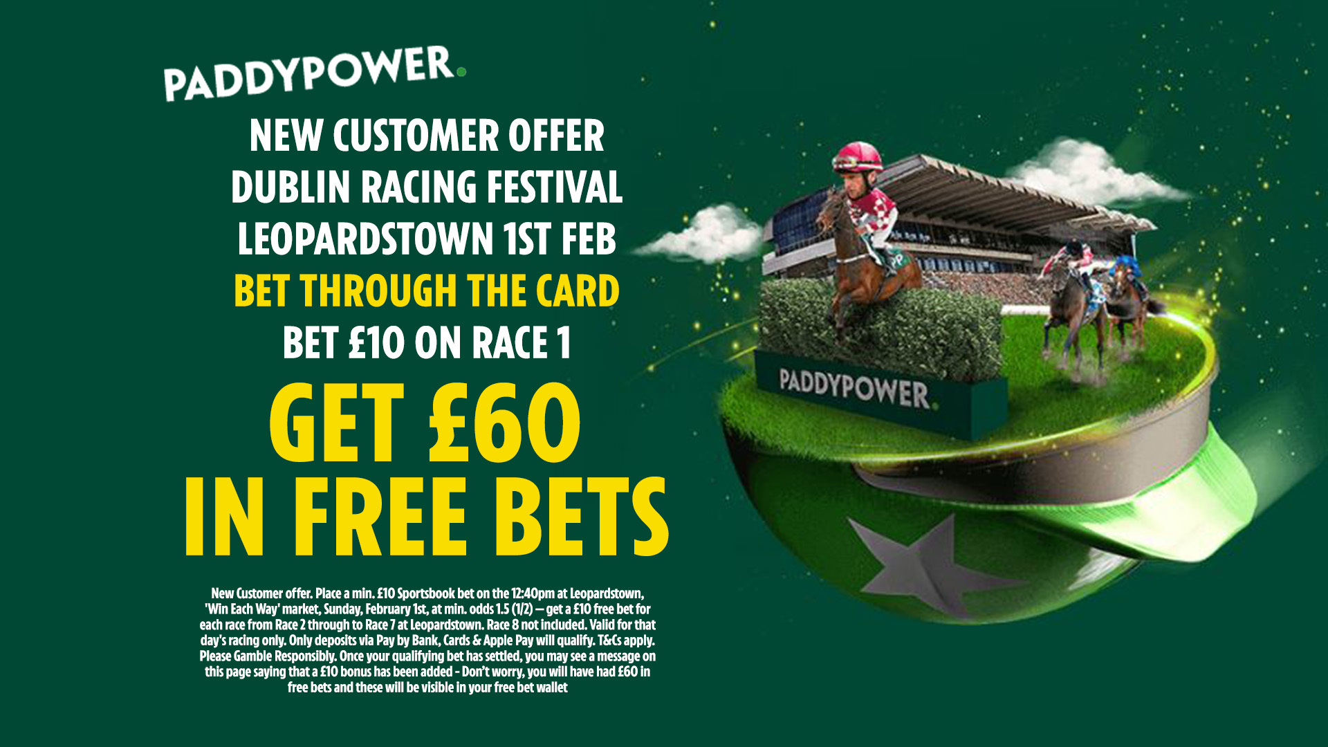 都柏林賽馬節：通過 Paddy Power 卡進行投注可獲得 60 英鎊免費投注