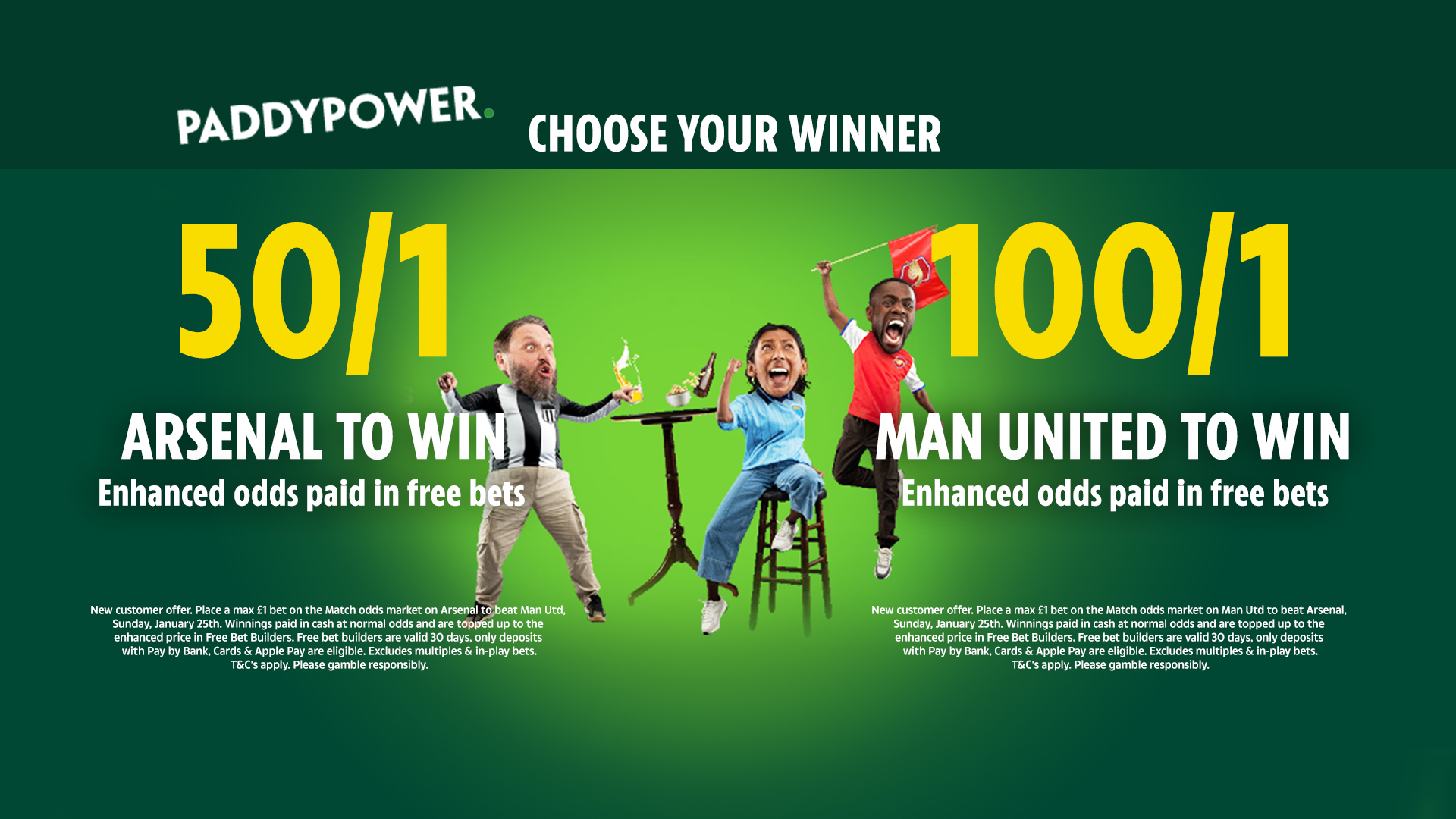 阿森納 v 曼聯投注優惠：使用 Paddy Power 獲得阿森納 50/1 或曼聯 100/1