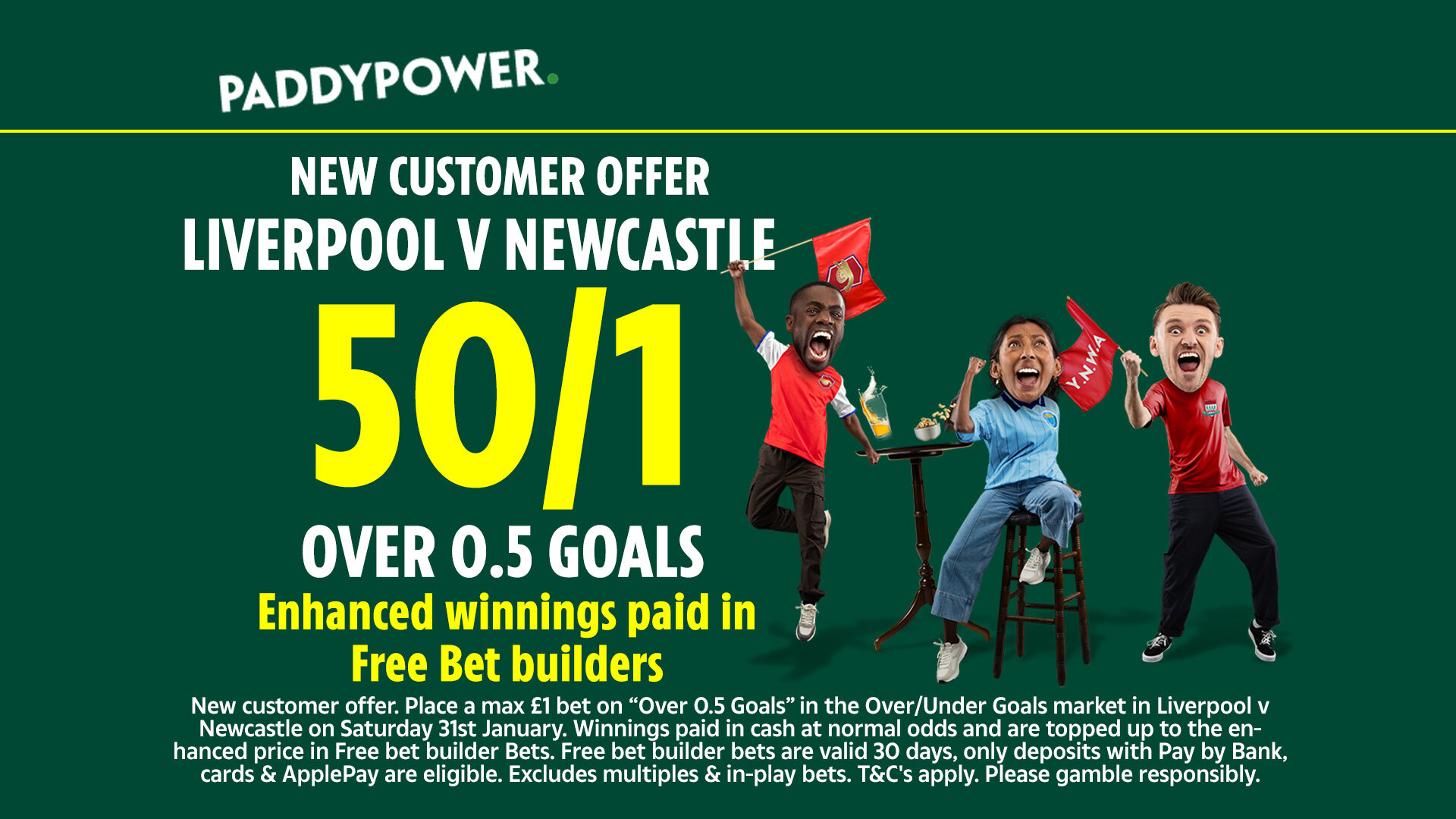 利物浦 vs 紐卡斯爾投注報價：帕迪·鮑爾 (Paddy Power) 進球得分為 50/1