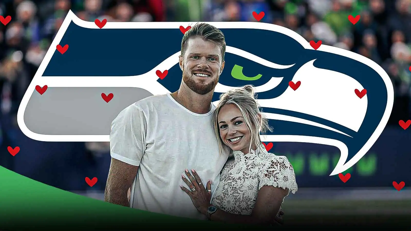 西雅圖進入超級碗大師班後，薩姆·達諾德 (Sam Darnold) 與未婚妻凱蒂 (Katie) 在球場上親吻