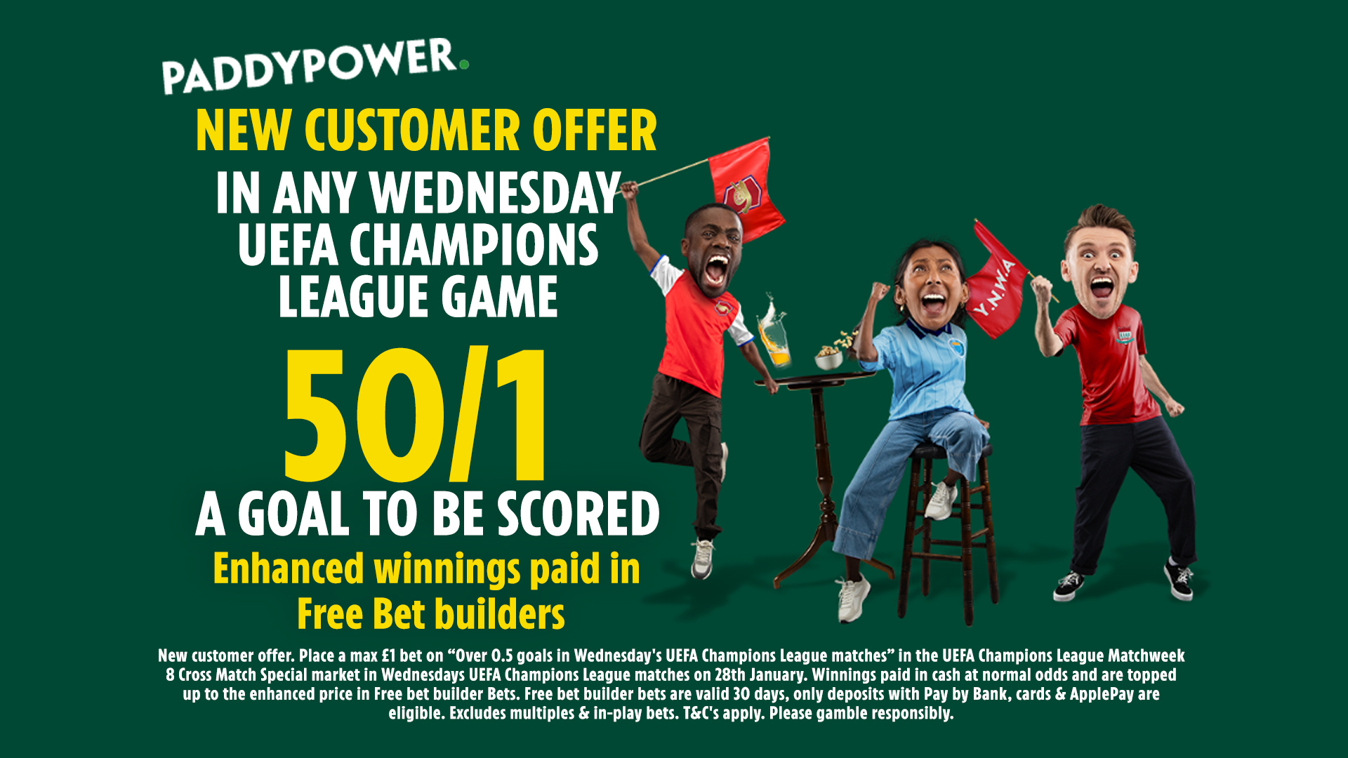 今晚與帕迪·鮑爾 (Paddy Power) 一起在冠軍聯賽中取得 50/1 的進球