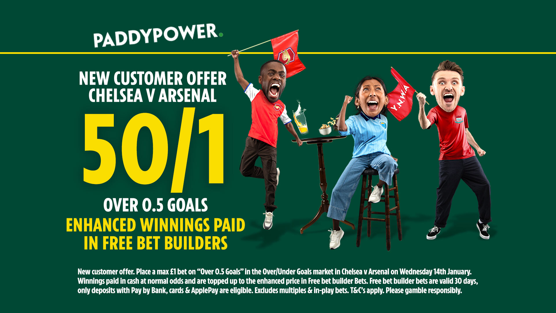 切爾西 v 阿森納 投注優惠：帕迪·鮑爾 (Paddy Power) 進球時獲得 50/1