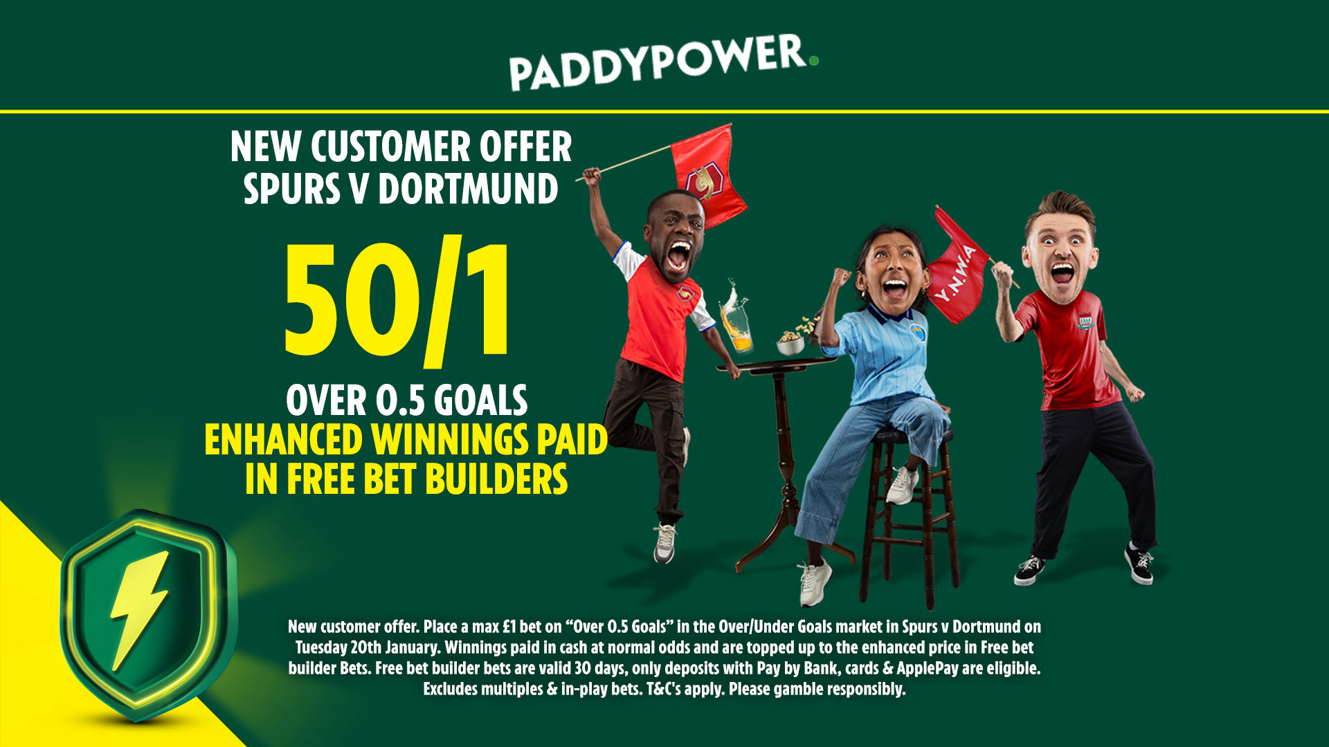 熱刺 vs 多特蒙德投注報價：帕迪·鮑爾 (Paddy Power) 進球得分為 50/1