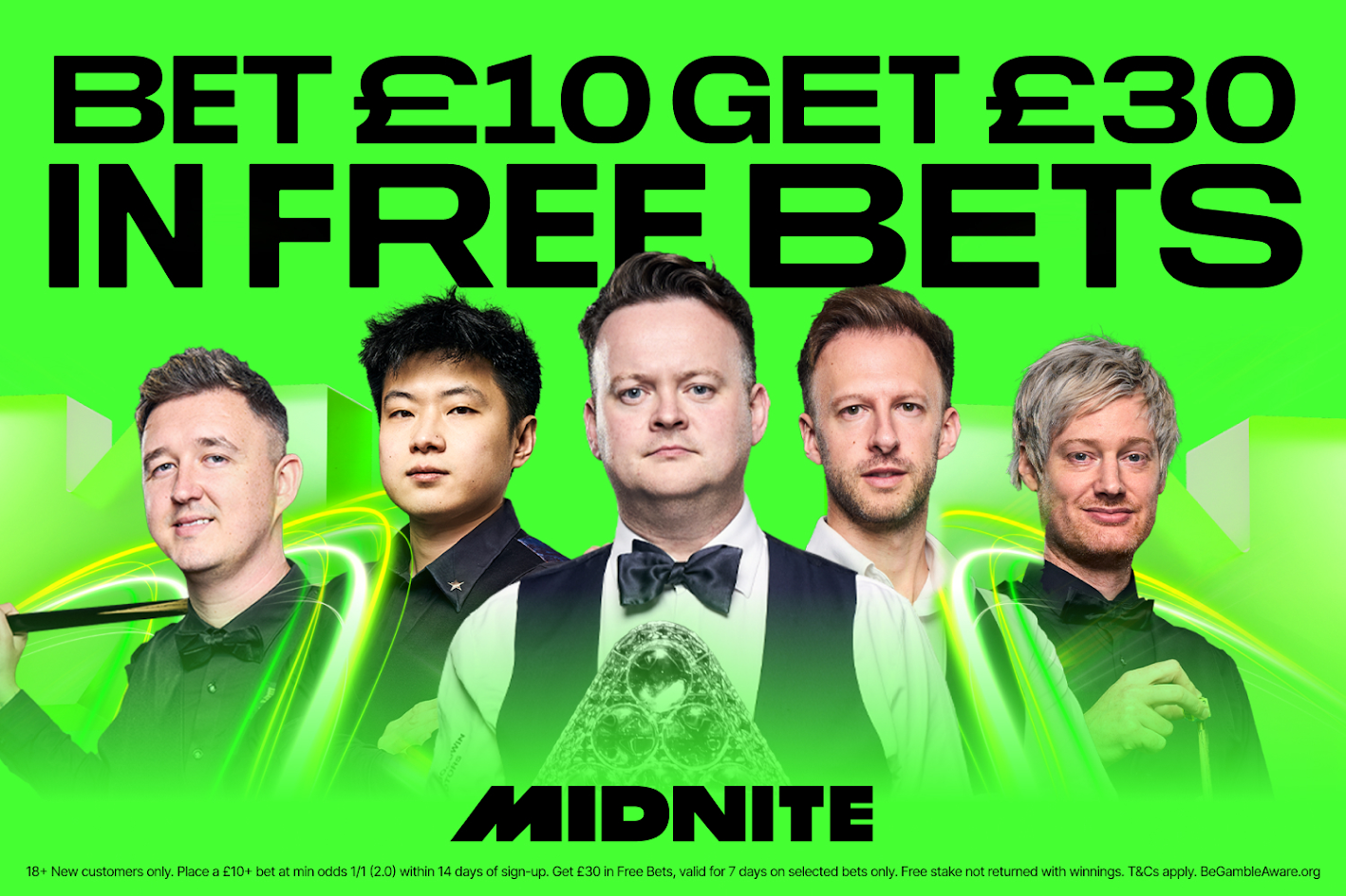 斯諾克大師賽投注優惠：通過 Midnite 投注 10 英鎊即可獲得 30 英鎊免費投注