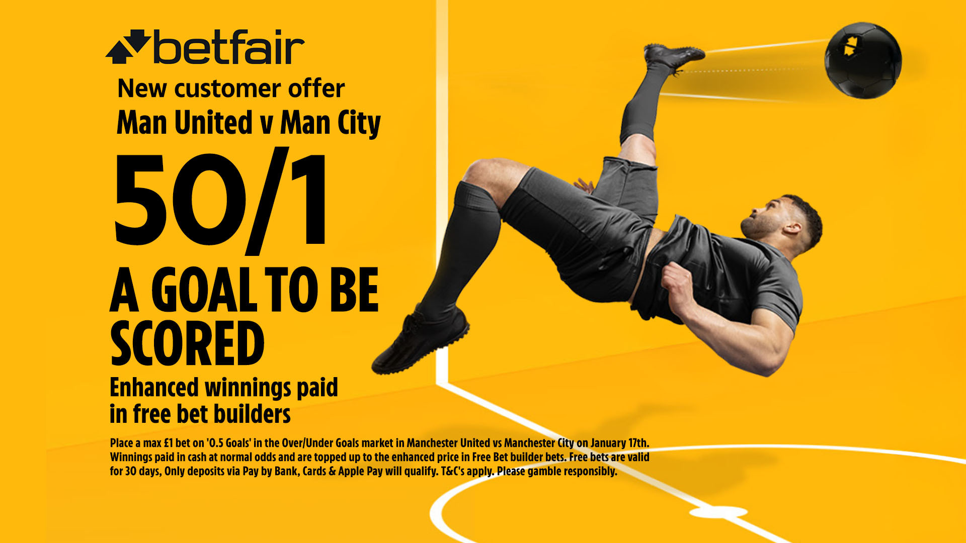 曼聯 vs 曼城投注優惠：在 Betfair 進球後獲得 50/1