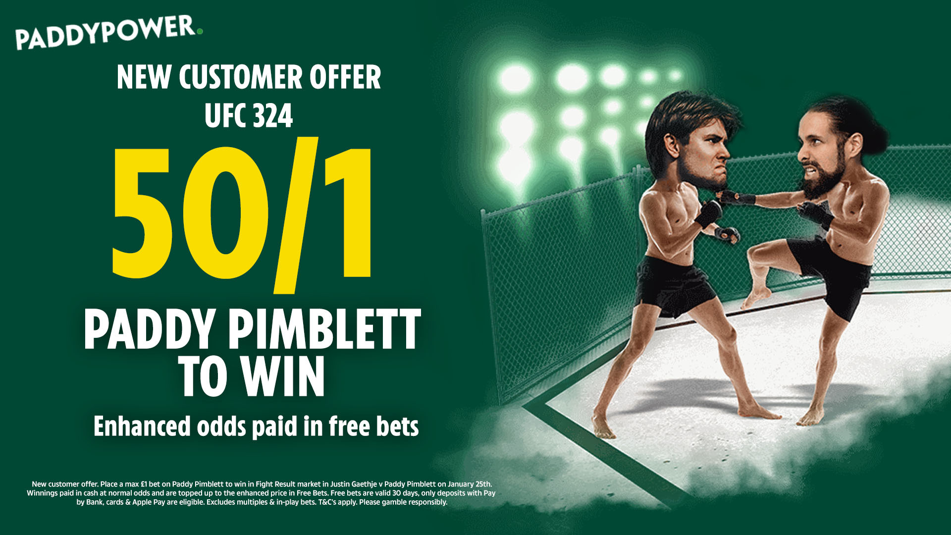 UFC 324 投注優惠：Paddy Pimblett 賠率為 50/1，Paddy Power 獲勝