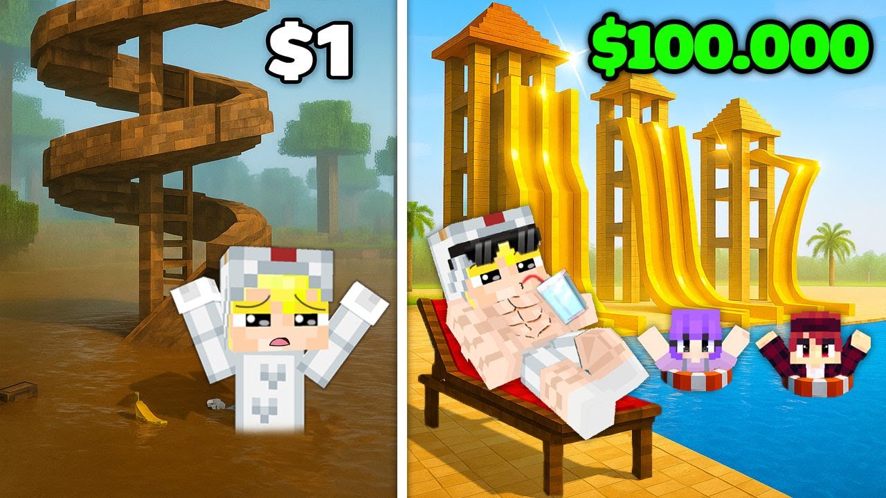Tô Gà Thử Thách Xây Công Viên Nước 1$ và 100,000$ Trong Minecraft!-Minecraft: Thử Thách Xây Công Viên Nước 1$ vs 100,000$ – Tô Gà