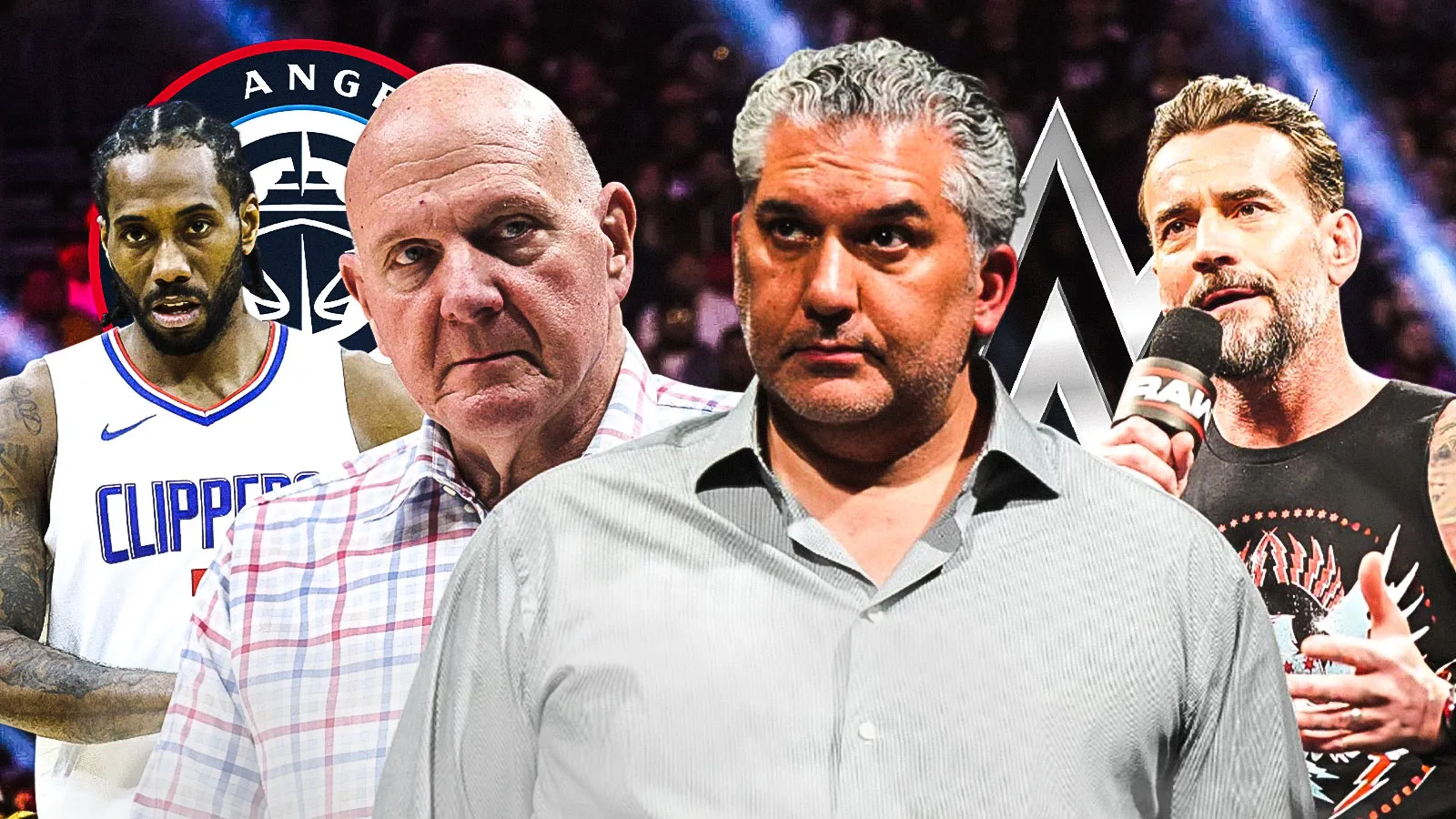 卡怀·伦纳德 (Kawhi Leonard)、史蒂夫·鲍尔默 (Steve Ballmer) 与 WWE 的 CM Punk 和尼克·汗 (Nick Khan) 在一起