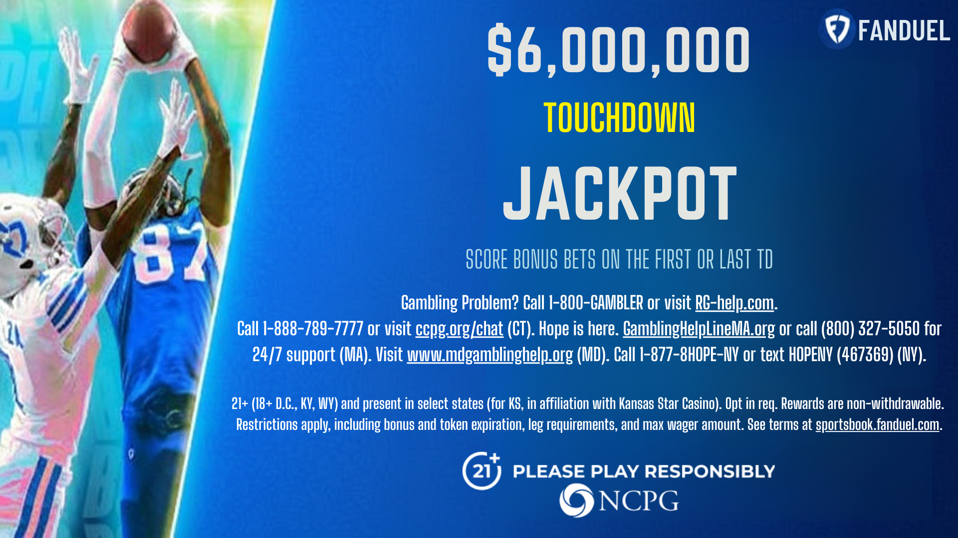 在 Seahawks @ Patriots 期間贏得 FanDuel 達陣獎金 600 萬美元的獎金投注