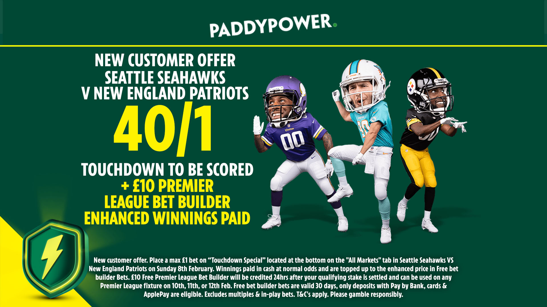 超級碗和英超聯賽優惠：通過 Paddy Power 獲得 40/1 TD 得分和 10 英鎊投注