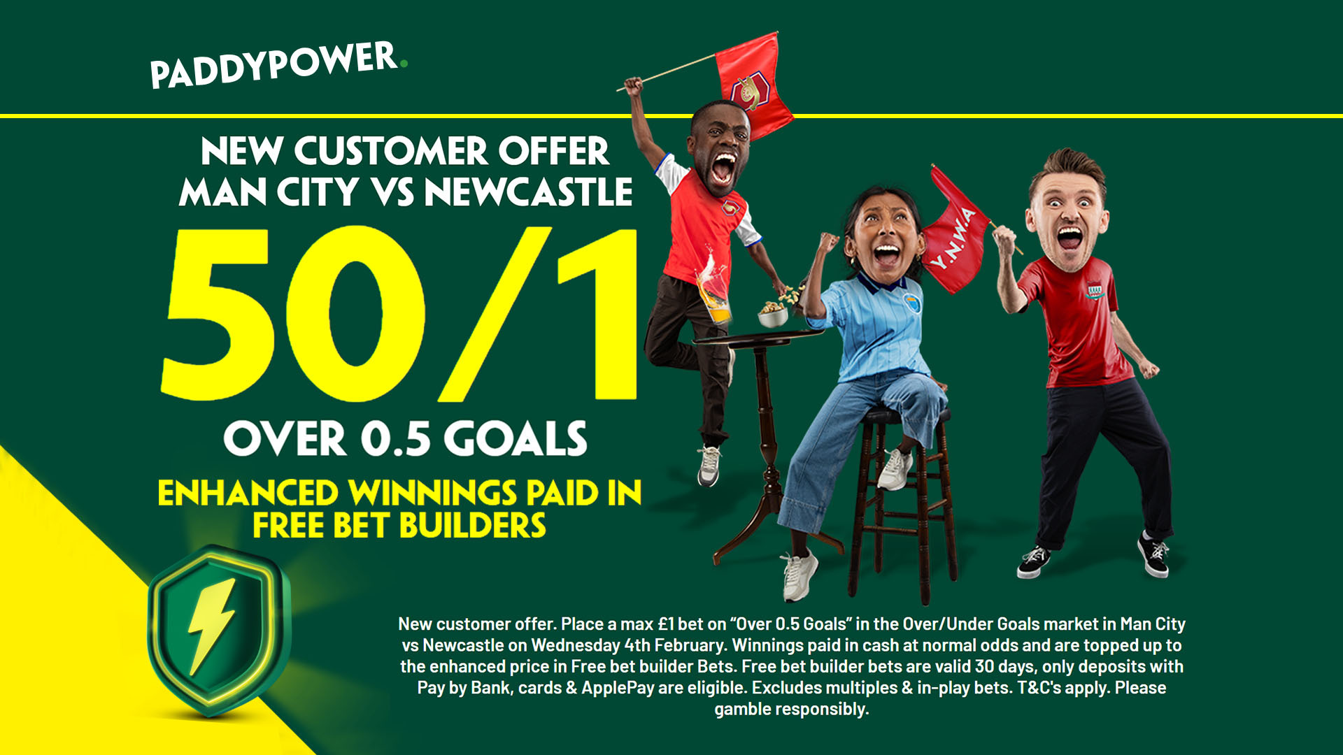 曼城 vs 紐卡斯爾投注報價：帕迪·鮑爾 (Paddy Power) 進球得分為 50/1
