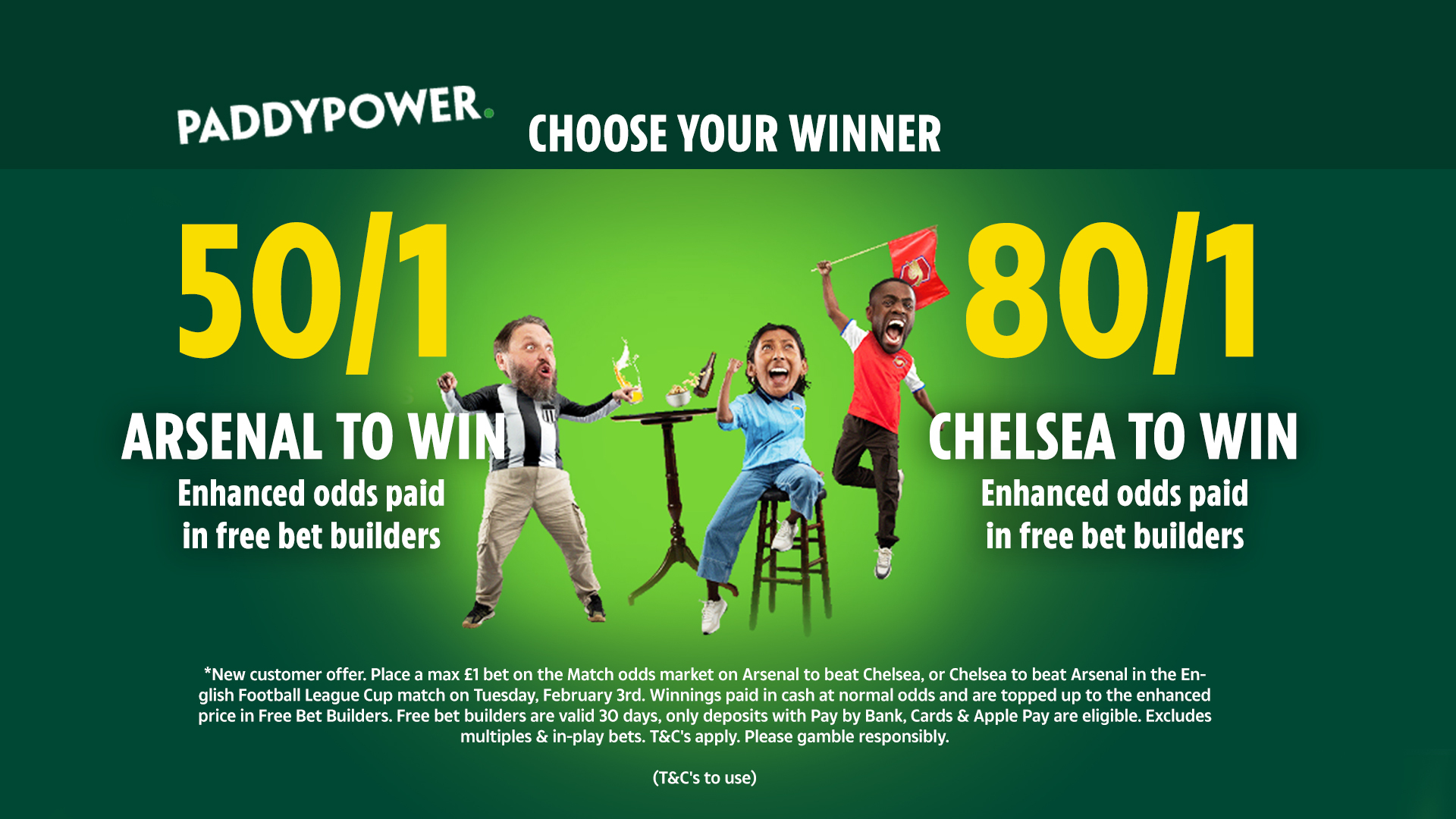 以 50/1 擊敗阿森納或 80/1 切爾西獲勝，以帕迪·鮑爾 (Paddy Power) 獲勝