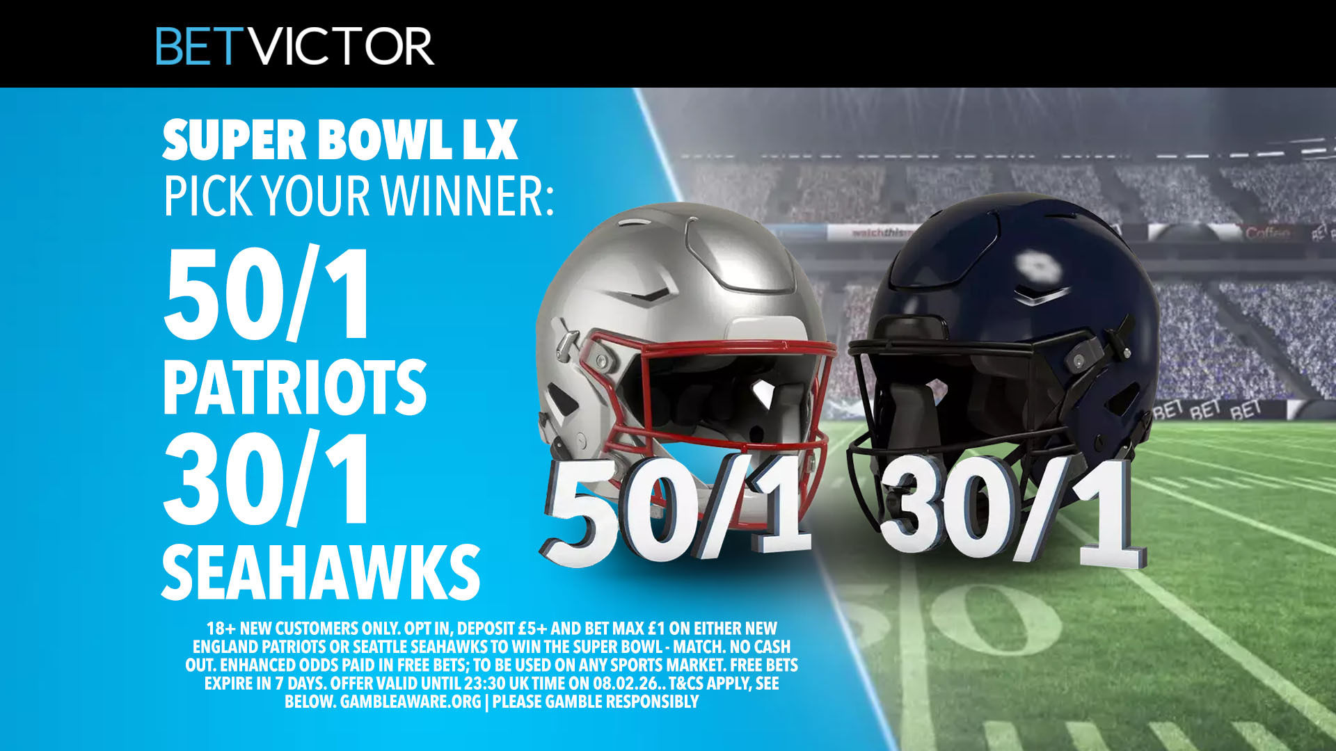 在 BetVictor 上選擇您的獲勝者 – 新英格蘭愛國者隊 50/1 或西雅圖海鷹隊 30/1
