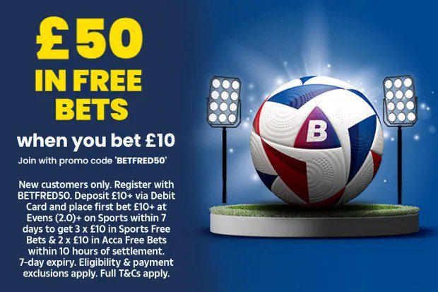 曼聯 v 托特納姆熱刺 12/1 投註生成器小費加上通過 Betfred 獲得 50 英鎊免費投注