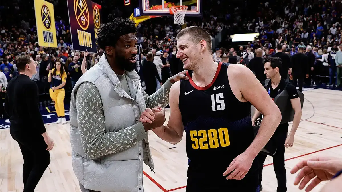 Injured Joel Embiid joins Nikola Jokic after Nuggets game